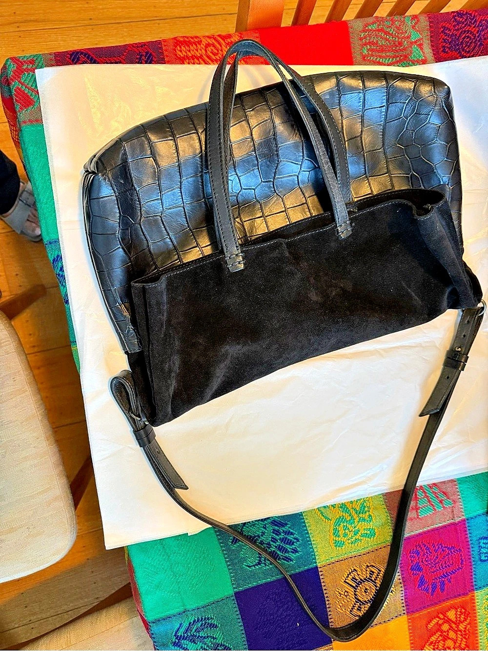 Risetto Black Suede Croc Embossed Leather Convertible Tote Shoulder Bag